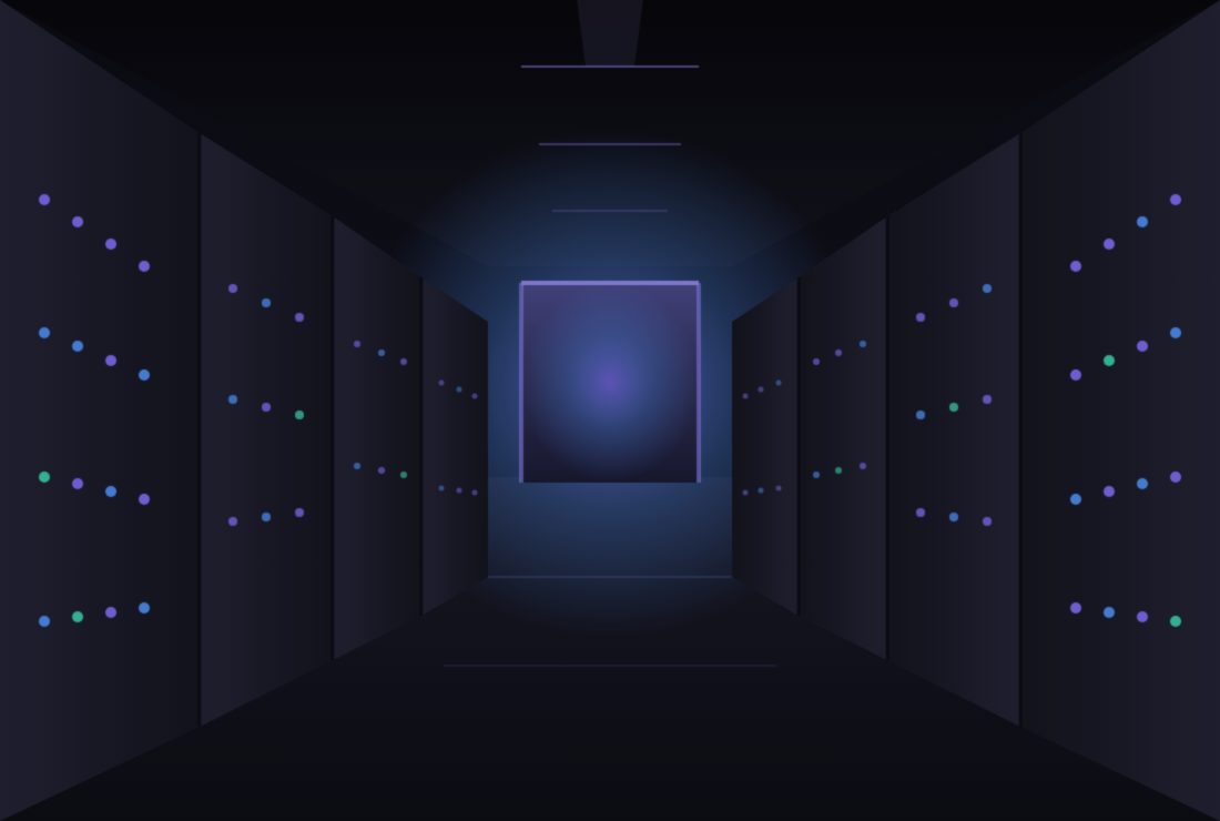 Illustration of a modern data centre corridor with server racks